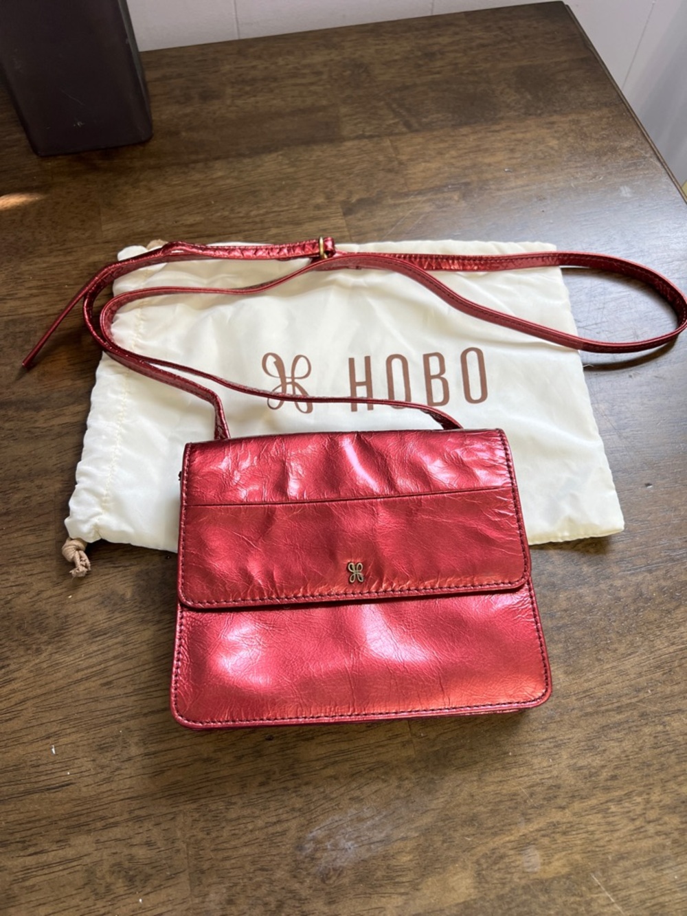 HOBO Metallic Red Leather Crossbody Wallet Bag